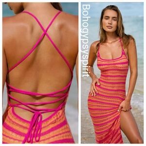 NWT Berlook Boho Pink & Orange Striped Crochet Resortwear Dress